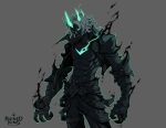  1boy abs angry armor bangs black_skin clenched_teeth collarbone colored_skin cowboy_shot cropped_jacket crown gauntlets glowing glowing_eyes grey_background grey_hair hicham_habchi highres jacket league_of_legends navel no_shirt official_art open_clothes open_jacket pants ruined_king:_a_league_of_legends_story short_hair shoulder_armor simple_background solo teeth viego_(league_of_legends) 