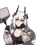  1girl arknights bangs bare_shoulders black_gloves blush breasts cleavage collarbone commentary_request dated densaneraa eyebrows_visible_through_hair gloves hammer hand_on_own_face highres holding holding_hammer holding_weapon horns infection_monitor_(arknights) korean_commentary large_breasts long_hair long_sleeves looking_at_viewer mudrock_(arknights) open_clothes open_mouth pointy_ears red_eyes signature silver_hair simple_background solo sports_bra upper_body weapon white_background 