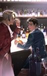  2boys absurdres ace_attorney alcohol bar bottle business_suit cup drinking_glass formal highres jtsp0 liquor looking_at_another male_focus miles_edgeworth multiple_boys phoenix_wright restaurant shot_glass sitting suit wine_bottle wine_glass 