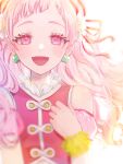  1girl :d absurdres ap_(pixiv74197750) blush clover_earrings cure_yell detached_sleeves eyelashes floating_hair flower hair_flower hair_ornament hair_ribbon highres hugtto!_precure long_hair looking_at_viewer open_mouth pink_eyes pink_hair precure red_ribbon red_vest ribbon short_sleeves smile solo upper_body vest white_background white_flower white_sleeves 