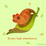  animal animal_focus artist_name chameleon closed_mouth commentary english_commentary english_text green_background green_eyes leaf lizard no_humans original pikaole simple_background standing watermark 