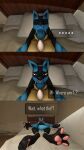  3d_(artwork) absurd_res animal_genitalia anthro apartment bed comic digital_media_(artwork) furniture genitals hi_res lucario male nintendo pok&eacute;mon pok&eacute;mon_(species) restrained samthemann sheath solo video_games 