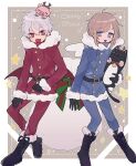  2boys blue_eyes brown_hair christmas chronoir ear_piercing earrings highres jewelry kanae_(nijisanji) kuzuha_(nijisanji) mole mole_under_eye multiple_boys nekojiri nijisanji pale_skin piercing pointy_ears red_eyes roto_(kanae) vampire virtual_youtuber white_hair 