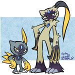  2others alternate_color ariga_hitoshi claws closed_mouth commentary_request english_text fangs full_body green_eyes height_difference highres multiple_others open_mouth pokemon pokemon_(creature) pokemon_(game) pokemon_legends:_arceus shiny_pokemon signature simple_background sneasel sneasler standing tail_feathers yellow_eyes 