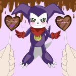  anthro bandai_namco bandanna blush candy chocolate claws clothing darknesscrow demon dessert digimon digimon_(species) embarrassed first_person_view food gloves green_eyes handwear hi_res holidays human impmon kerchief male mammal purple_body valentine&#039;s_day 