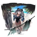  1girl alternate_costume animal_ears arknights arm_behind_back bangs beach black_hair breasts cleavage collarbone competition_swimsuit eyewear_on_head feater_(arknights) flip-flops glasses hair_over_eyes highres infection_monitor_(arknights) large_breasts multicolored_hair one-piece_swimsuit outdoors palm_tree panda_ears razu_(rus) sandals shower_(place) shower_head silver_hair skindentation solo standing streaked_hair swimsuit tinted_eyewear towel tree yellow_eyes 
