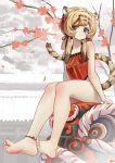  1girl absurdres animal_ears ankleband arknights barefoot blonde_hair bottomless brown_hair cherry_blossoms collarbone du_(arknights) ear_ornament full_body hair_ribbon highres long_hair looking_at_viewer multicolored_hair red_eyes red_shirt ribbon scowl shirt sitting solo songchuan_li streaked_hair tail thighs tiger_ears tiger_girl tiger_tail tree v-shaped_eyebrows 