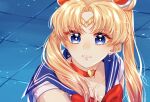  1girl bangs bishoujo_senshi_sailor_moon blonde_hair blue_eyes blue_sailor_collar bow bowtie breasts choker circlet cleavage clenched_teeth collarbone collared_shirt crescent crescent_earrings earrings eyebrows_visible_through_hair hair_tubes heart heart_choker highres jewelry long_hair medium_breasts meme mootea red_bow red_bowtie red_choker sailor_collar sailor_moon sailor_moon_redraw_challenge_(meme) sailor_senshi_uniform sailor_shirt shiny shiny_hair shirt solo sparkle sweatdrop teeth twintails upper_body white_shirt 