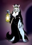  anthro areola areola_slip biped blue_body breasts camel_toe cleavage clothed clothing dress female glowing glowing_eyes grey_hair hair hi_res holding_object horn jewelry lamp lantern necklace solo unknown_species vdisco yellow_eyes 