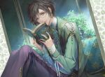  1boy black_hair book cape earrings emerald_(gemstone) gem glasses green_eyes green_shirt holding holding_book jewelry long_sleeves looking_at_viewer mole mole_under_mouth original pants purple_pants ring shirt sitting smile solo yoshicha 