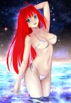  1girl absurdres ahoge aozaki_aoko arm_up bangs besmiled bikini blue_eyes breasts collarbone commentary_request eyebrows_visible_through_hair glowing glowing_hair hair_intakes highres in_water large_breasts long_hair looking_at_viewer mahou_tsukai_no_yoru micro_bikini navel night night_sky open_mouth outdoors red_hair sidelocks sky smile solo star_(sky) swimsuit teeth tongue upper_teeth very_long_hair water wet white_bikini white_swimsuit 
