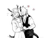  2girls alina_(arknights) animal_ears arknights blush cardigan closed_eyes collared_shirt commentary deer_antlers deer_ears deer_girl deer_tail dragon_girl dragon_horns dragon_tail dress dress_shirt english_commentary flying_sweatdrops greyscale hair_intakes heart horns kiss long_hair monochrome multiple_girls open_cardigan open_clothes pants partially_unbuttoned shirt short_hair sidelocks silverxp simple_background speech_bubble spoken_heart spot_color tail talulah_(arknights) vest white_background yuri 