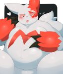  &lt;3 2022 absurd_res ai_only_dream anthro belly belly_squish black_claws blep blush claws fur fur_tuft hand_on_stomach hi_res looking_down nintendo pink_tongue pok&eacute;mon pok&eacute;mon_(species) red_body red_ears red_fur solo squish text tongue tongue_out tuft video_games white_text zangoose 
