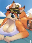  2022 anthro beach beach_towel big_breasts blue_eyes breast_rest breasts brown_nose butt canid canine cheek_tuft chest_tuft cleavage clothed clothing cloud digital_drawing_(artwork) digital_media_(artwork) dipstick_ears dipstick_tail eyewear facial_tuft female fox fur gun gun_holster hat headgear headwear hi_res inner_ear_fluff looking_at_viewer lying mammal markings multicolored_body multicolored_ears multicolored_fur naval_uniform navy_hat one-piece_swimsuit open_mouth orange_body orange_fur outside ranged_weapon seaside shaded shoulder_tuft signature soft_shading solo sunglasses swimwear tail_markings thigh_holster towel tuft two_tone_body two_tone_fur uniform weapon white_clothing whitev 
