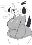  2022 anthro big_breasts biped black_ears black_nose black_tail bodily_fluids bottomless breasts breath canid canine canis chubby_female clothed clothing cute_fangs dialogue digital_media_(artwork) domestic_dog english_text female floppy_ears fur grey_clothing grey_hoodie grey_topwear hair hair_over_eye half-closed_eyes hi_res hoodie looking_aside mammal narrowed_eyes one_eye_obstructed pink_cheeks pink_tongue portrait puppychan puppychan48 simple_background solo standing sweat text thick_thighs three-quarter_portrait tongue tongue_out topwear white_background white_body white_fur 