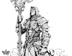  1boy abs armor belt character_request commentary copyright_name greyscale hicham_habchi highres holding holding_staff hood hood_up league_of_legends long_sleeves monochrome no_eyes pants parted_lips solo staff teeth 