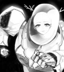  absurdres bald black_background ceres_fauna disembodied_head english_commentary foreshortening fusion greyscale highres hololive hololive_english long_sleeves looking_at_viewer mechanical_arms minion_(megamind) mole mole_under_eye monochrome power_armor running simple_background smile upper_body virtual_youtuber xyanaid 