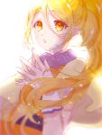  1girl absurdres ap_(pixiv74197750) bangs blonde_hair blurry blurry_foreground cure_etoile eyebrows_visible_through_hair floating_hair hair_between_eyes highres hugtto!_precure long_hair ponytail precure shiny shiny_hair simple_background solo upper_body very_long_hair white_background yellow_eyes 