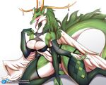  absurd_res anthro big_breasts blush breasts cleavage clothed clothing dragon female green_hair hair hi_res kyodashiro legwear panties simple_background solo thigh_highs tongue tongue_out underwear white_background 
