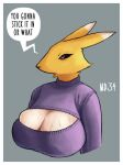  bandai_namco big_breasts bodily_fluids breasts cleavage cleavage_cutout cleavage_overflow clothed clothing dialogue digimon digimon_(species) female fur huge_breasts imminent_sex inviting md34 renamon solo sweat sweater topwear yellow_body yellow_fur 