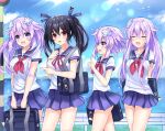  4girls adult_neptune bag black_hair blue_skirt blurry blurry_background blush breasts commentary_request cowboy_shot eyebrows_visible_through_hair finger_gun flat_chest giga-tera hair_ornament highres large_breasts long_hair microskirt multiple_girls nepgear neptune_(neptune_series) neptune_(series) noire_(neptune_series) open_mouth pleated_skirt purple_eyes purple_hair red_eyes red_ribbon ribbon sailor_collar school_bag school_uniform shirt short_hair skirt sweatdrop thighs two_side_up uni_(neptune_series) white_shirt 