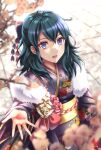  1girl :d alternate_costume bangs blue_eyes blue_hair blurry blurry_foreground byleth_(fire_emblem) byleth_(fire_emblem)_(female) day fire_emblem fire_emblem:_three_houses floral_print grey_kimono hair_between_eyes highres japanese_clothes kakiko210 kimono long_hair open_mouth outdoors outstretched_hand print_kimono shiny shiny_hair smile solo standing yukata 