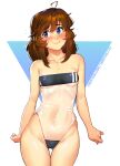  1girl blue_eyes blush breasts brooke_(mathias_leth) brown_hair collarbone covered_navel english_commentary freckles gris_swimsuit highres long_hair mathias_leth meme_attire nervous_smile one-piece_swimsuit original see-through_swimsuit small_breasts solo swimsuit twitter_username underwear 