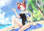  1girl ;d bare_legs beach black_choker black_swimsuit blue_eyes blue_sky blurry blurry_background bracelet breasts brown_hair choker cleavage cloud collarbone covered_navel crescent_choker day double_bun hair_ornament hair_tubes jewelry kakiko210 medium_breasts multicolored_hair ocean one-piece_swimsuit one_eye_closed open_mouth original outdoors palm_tree red_hair short_hair sitting sky smile solo star_(symbol) star_hair_ornament summer swimsuit tree two-tone_hair 