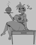  anthro avian big_breasts bird breasts chica_(fnaf) crossed_legs female five_nights_at_freddy&#039;s food furniture hi_res jyto machine muffin non-mammal_breasts robot scottgames sitting solo table video_games 