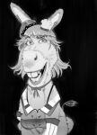  1boy absurdres bangs beret black_background bow bowtie breasts chef_hat cosplay donkey donkey_(shrek) donkey_ears donkey_tail english_commentary fusion greyscale grin hat highres hololive hololive_english large_breasts long_hair looking_at_viewer monochrome off-shoulder_shirt off_shoulder ribbon shirt shrek_(series) simple_background sketch smile solo takanashi_kiara takanashi_kiara_(cosplay) upper_body xyanaid 