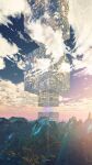  artist_name blue_sky cloud commentary_request day diffraction_spikes glowing gradient_sky highres mountain no_humans orb original outdoors scenery signature sky sunrise tree waisshu_(sougyokyuu) 