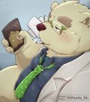  2022 96panda anthro balls belly blush butt canid canine canis cellphone clothing cu_sith_(tas) domestic_dog genitals hi_res humanoid_hands kemono leib_(tas) lifewonders male mammal necktie overweight overweight_male penis phone polar_bear shirt smartphone smoking tokyo_afterschool_summoners topwear ursid ursine video_games white_body 