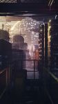  artist_name barred_window city commentary drum_(container) highres no_humans original outdoors railing rubble scenery science_fiction signature waisshu_(sougyokyuu) window 