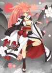  1girl absurdres amputee baiken bandages bare_legs big_hair black_jacket black_kimono breasts cherry_blossoms cleavage eyepatch facial_mark flower full_body guilty_gear guilty_gear_strive highres hill holding holding_pipe huge_breasts jacket jacket_on_shoulders japanese_clothes kimono looking_at_viewer multicolored_clothes multicolored_kimono one-eyed open_clothes open_kimono petals pink_hair pipe ponytail red_eyes sakotach samurai sandals sash scar scar_across_eye scar_on_face simple_background skull_print sky smoke standing standing_on_one_leg sun tied_hair weapon white_background white_kimono 