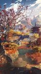  architecture artist_name autumn_leaves blue_sky bridge cloud commentary_request day east_asian_architecture fire highres lantern leaf maple_leaf mountain no_humans original outdoors pagoda scenery signature sky tree waisshu_(sougyokyuu) water 