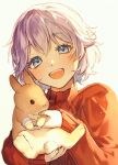  1boy androgynous blue_eyes blush bunny collared_shirt epel_felmier head_tilt kawai_irori long_sleeves looking_at_viewer pale_skin purple_hair shirt solo twisted_wonderland 