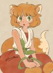  1girl absurdres animal_ears bangle bangs bracelet brown_hair fox_ears fox_girl fox_tail green_eyes grey_background highres jewelry looking_at_viewer numata open_mouth pants red_pants ruoshui_(the_legend_of_luoxiaohei) short_hair simple_background sleeveless solo tail the_legend_of_luo_xiaohei 