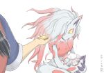  1girl akari_(pokemon) black_hair carrying commentary_request evolutionary_line grey_jacket highres hisuian_zoroark hisuian_zorua holding jacket katkichi long_hair looking_to_the_side outstretched_hand pokemon pokemon_(creature) pokemon_(game) pokemon_legends:_arceus red_scarf scarf short_sleeves sitting tearing_up translation_request white_background yellow_eyes 