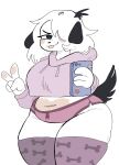  2022 anthro belly biped black_ears black_eyebrows black_eyes black_nose black_tail canid canine canis cellphone chubby_anthro chubby_female clothed clothing curvy_figure digital_media_(artwork) domestic_dog eyebrows female floppy_ears front_view fully_clothed fur gesture hair hi_res holding_cellphone holding_object holding_phone holding_smartphone hoodie legwear mammal narrowed_eyes navel pattern_clothing pattern_legwear pattern_stockings pawpads phone pink_belly pink_clothing pink_hoodie pink_pawpads pink_stockings pink_tongue pink_topwear pink_underwear portrait puppychan puppychan48 simple_background slightly_chubby smartphone smile solo standing stockings thick_thighs three-quarter_portrait three-quarter_view tongue tongue_out topwear underwear v_sign voluptuous white_background white_body white_fur white_hair 
