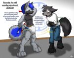  anthro blush bodily_fluids canid canine canis catmonkshiro diaper duo embarrassed english_text fox genital_fluids male mammal omorashi peeing potty_dance surprise text urine wetting wolf 