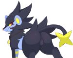  2022 all_fours anus arteficialtrees barely_visible_anus black_body black_fur blue_body blue_fur butt digital_media_(artwork) female feral fur genitals glistening glistening_eyes hi_res jewelry looking_at_viewer looking_back looking_back_at_viewer luxray multicolored_body multicolored_fur necklace nintendo pok&eacute;mon pok&eacute;mon_(species) presenting presenting_hindquarters presenting_pussy pussy rear_view red_eyes red_nose simple_background smile solo video_games white_background yellow_body yellow_fur yellow_sclera 