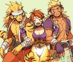  1girl 2boys animal_ears blonde_hair breasts breath_of_fire breath_of_fire_ii breath_of_fire_iii breath_of_fire_iv bustier cat_ears cat_tail cleavage closed_mouth cray_(breath_of_fire) double_v facial_mark fingerless_gloves furry furry_female gloves groin lowres multiple_boys no_panties no_pants open_mouth orange_hair pointy_ears rei_(breath_of_fire) rinpoo_chuan sassa_(cb) short_hair smile tail v 