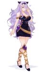  1girl aubz black_dress breasts camilla_(fire_emblem) cleavage collarbone commission dress english_commentary eyebrows_visible_through_hair fire_emblem fire_emblem_fates hair_over_one_eye heart high_heels highres horns knee_pads long_hair one_eye_covered parted_lips purple_eyes solo very_long_hair watermark 