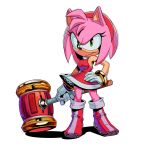  1girl amy_rose boots breasts dress english_commentary furry furry_female gloves green_eyes hairband hammer hand_on_hip highres holding holding_hammer medium_breasts red_dress red_footwear red_hairband satierf sleeveless sleeveless_dress smile solo sonic_(series) sonic_frontiers v-shaped_eyes white_background white_gloves 
