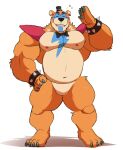  anthro bow_tie bracelet five_nights_at_freddy&#039;s five_nights_at_freddy&#039;s:_security_breach fur glamrock_freddy_(fnaf) jewelry male mammal musclegut muscular muscular_anthro muscular_male nipples orange_body orange_fur pecs scottgames shoulder_pads simple_background solo spiked_bracelet spikes standing ursid video_games vitashi white_background 