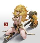  1girl bangs black_pants blonde_hair boots bracer breasts cleavage copyright_name dawnbreaker_(dota) dota_(series) dota_2 eyebrows_visible_through_hair full_body gauntlets hair_ornament hammer highres holding holding_hammer jokanhiyou kneeling large_breasts long_hair looking_at_viewer navel open_mouth pants parted_lips simple_background smile solo teeth thighs yellow_eyes 