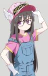  1girl akemi_homura black_hair blush cosplay dr._slump glasses gloves hat highres long_hair mahou_shoujo_madoka_magica norimaki_arale norimaki_arale_(cosplay) purple_eyes solo tsubaki_(tatajd) white_gloves 