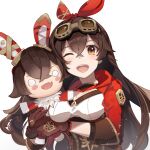  1girl amber_(genshin_impact) bangs baron_bunny_(genshin_impact) blush breasts brown_gloves brown_hair crossed_bangs genshin_impact gloves goggles goggles_on_head highres long_hair looking_at_viewer open_mouth red_ribbon ribbon same_(sendai623) shrug_(clothing) smile 