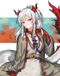  arknights bangs closed_mouth dragon_girl dragon_horns dragon_tail dress eyebrows_visible_through_hair grey_jacket hand_up head_tilt highres horns jacket long_hair long_sleeves looking_at_viewer mabing multicolored_hair nian_(arknights) open_clothes open_jacket pointy_ears ponytail red_eyes red_hair sidelocks silver_hair smile streaked_hair tail white_dress 