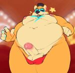  2022 anthro balls belly big_belly big_moobs big_nipples blep blurred_background bodily_fluids clothing clothing_pull ear_piercing ear_ring erection eyebrows facial_markings five_nights_at_freddy&#039;s five_nights_at_freddy&#039;s:_security_breach fur genital_fluids genitals glamrock_freddy_(fnaf) hat head_markings headgear headwear humanoid_genitalia humanoid_penis inside looking_at_viewer love_handles low-angle_view male mammal markings moobs narrowed_eyes navel nipples overweight overweight_anthro overweight_male penis piercing precum scottgames smile solo standing star starston thick_thighs thong thong_pull tongue tongue_out top_hat tuft underwear underwear_pull ursid video_games 
